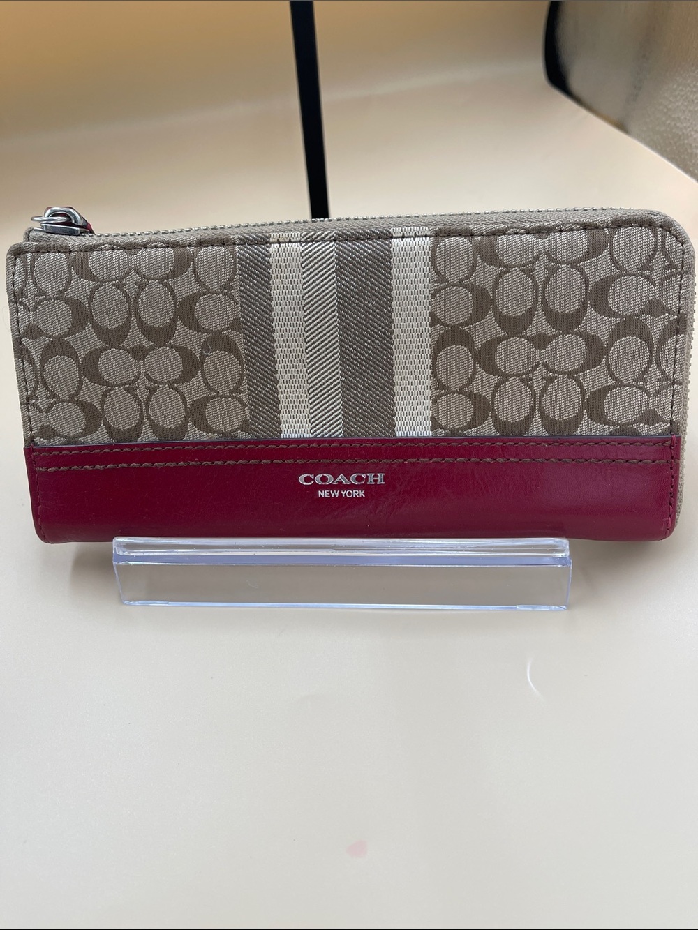Vintage COACH Signature Zip Wallet with Deep Red Leather Trim Added Stripe Flare